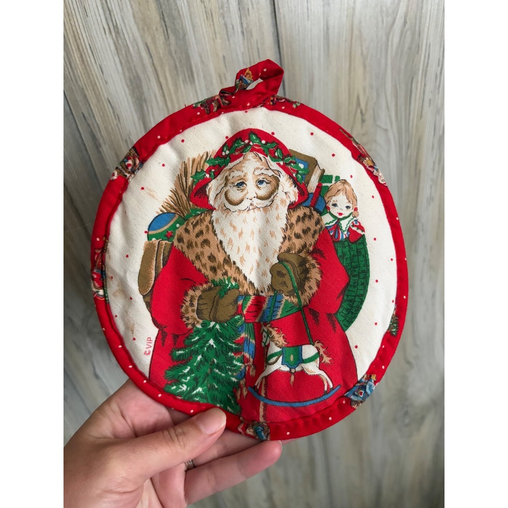 Vintage VIP Cranston Print Works Santa Claus Round Quilted Pot Holder Red